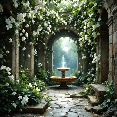 Primary subject: A fountain with a gold basin, surrounded by a garden with white flowers and greenery.

Setting/background: The fountain is located in a garden, with a stone path leading to a stone archway. The garden is filled with white flowers and greenery, creating a serene and peaceful atmosphere.

Visual style: The image is a digital artwork, featuring a detailed and realistic representation of the fountain and garden.

Colors and mood: The dominant colors